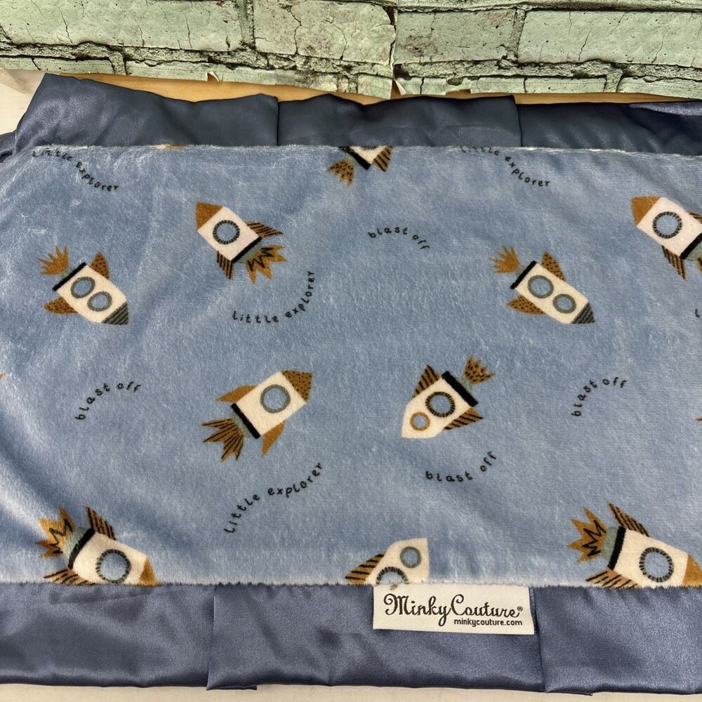 Minky Couture Rocket Space Baby Security Blanket Lovey Blue Satin Ruffle Brown